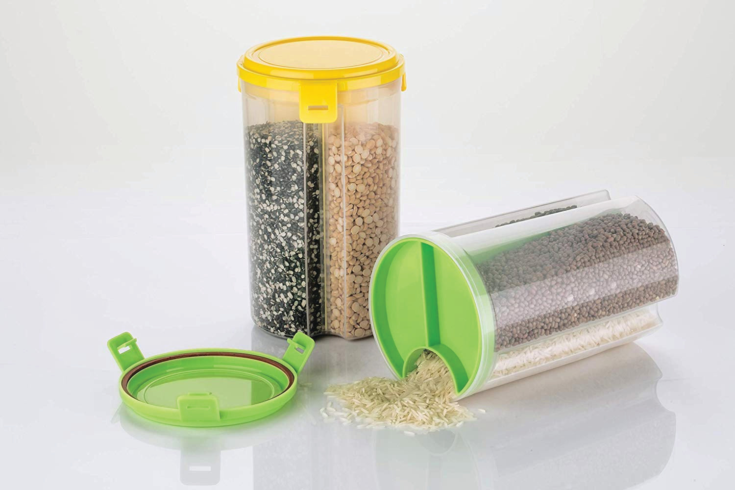 Transparent storage dispenser container for kitchen, 3-in-1 design. Transparent storage dispenser container for kitchen, 3-in-1 design.